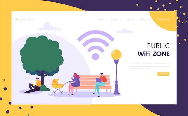 Vettore modello di pagina di destinazione della rete wireless wi-fi. zona wi-fi pubblica nel parco con personaggi che utilizzano dispositivi mobili per sito web o pagina web.