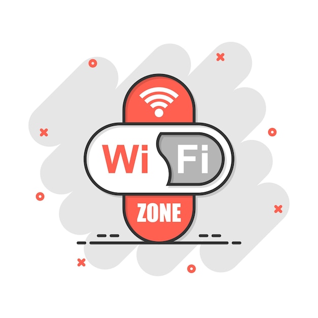 Icona della zona wi-fi in stile fumetto pittogramma dell'illustrazione del cartone animato vettoriale della tecnologia wireless wi-fi rete wi-fi del concetto di business effetto splash