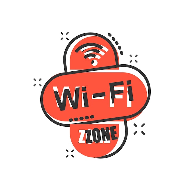 Иконка зоны Wi-Fi в комическом стиле Беспроводная технология Wi-Fi векторная карикатура иллюстрации пиктограмма Сеть Wi-Fi бизнес-концепция эффект всплеска