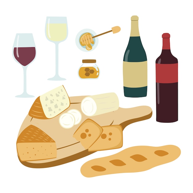 Vector wijn en kaas hand getrokken illustratie set.