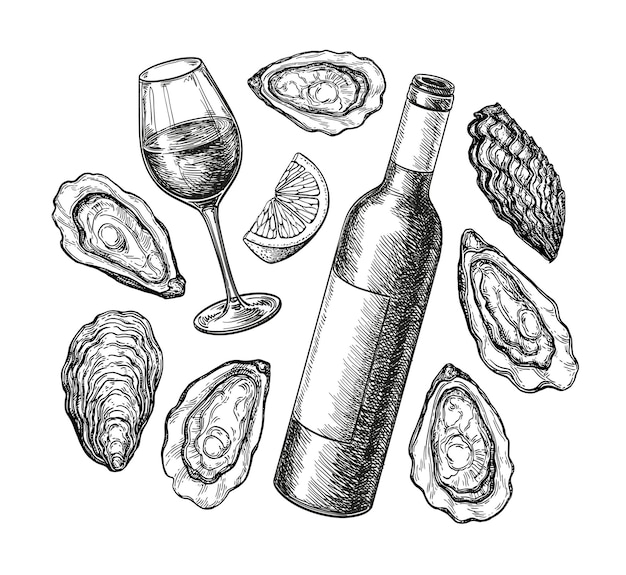 Wijn en oesters met citroen Fles en glas Ink schets Handgetekende illustratie Retro stijl