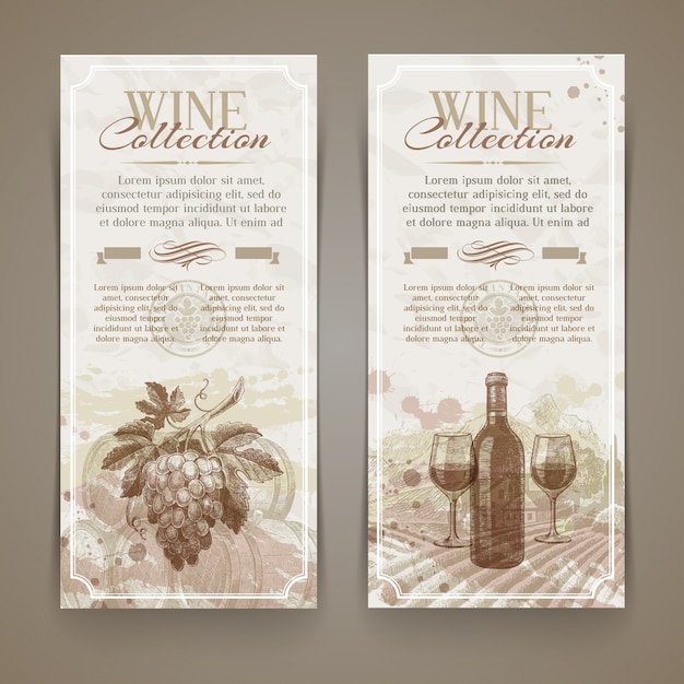 Wijn en wijnbouw - grunge vintage banners met hand getrokken elementen