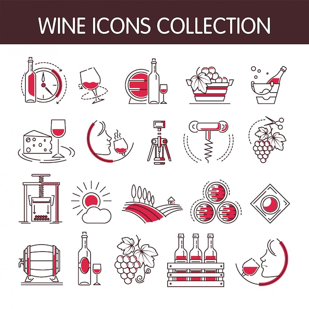 Wijn iconen vector collectie ingesteld voor wijnbereiding of wijnmakerij productie-industrie