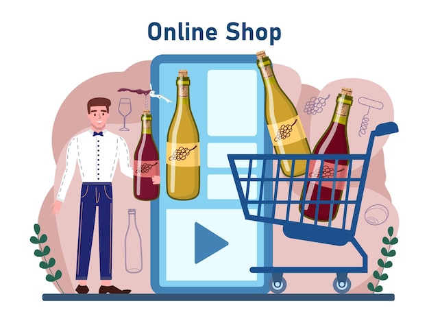 Wijn online service of platform. druivenwijn in een fles en glas. champagne, rode, witte en rose wijn met voorgerecht. online winkel. platte vectorillustratie