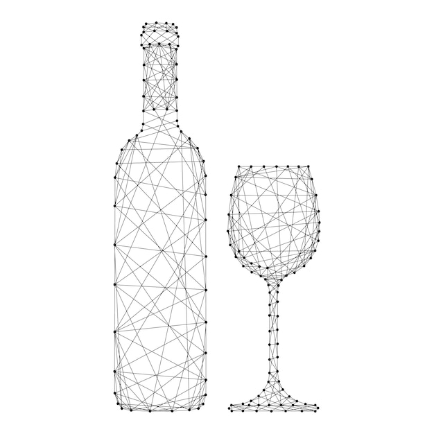 Wijnfles en glas van abstracte futuristische veelhoekige zwarte lijnen en punten.