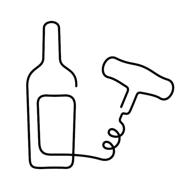 Vector wijnfles en kurkentrekker één lijn vector icoon