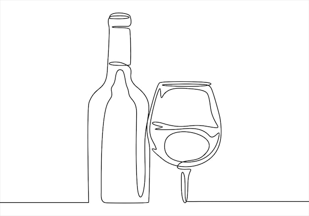 Wijnfles met een doorlopende eenlijnte tekening van wijnglas Alcohol drank