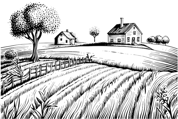 Wijngaard landschap gravure stijl Vintage hand getrokken schets vectorillustratie