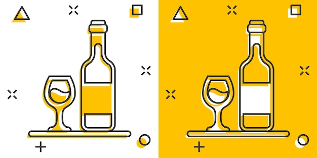 Wijnglas en fles pictogram in komische stijl Champagne drank cartoon vector illustratie op geïsoleerde achtergrond Cocktail drinken splash effect teken bedrijfsconcept