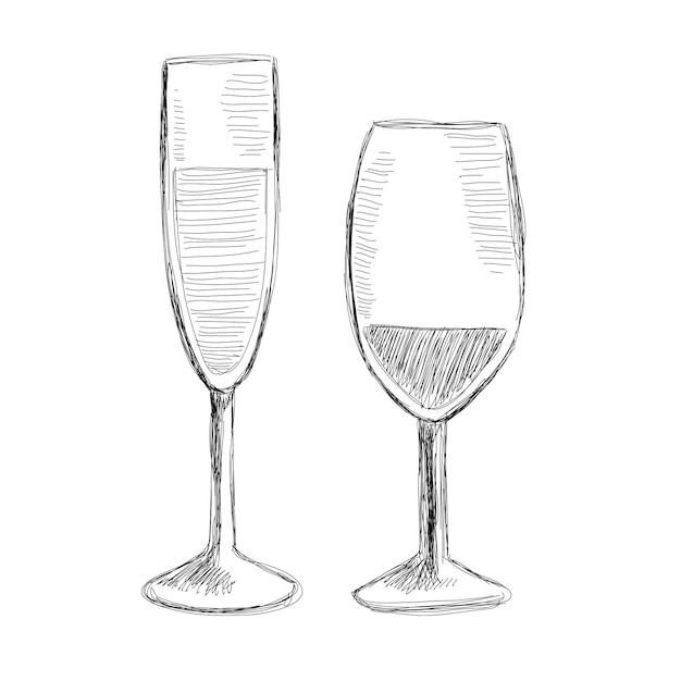 Vector wijnglas op een witte achtergrond zwart-wit schets vector