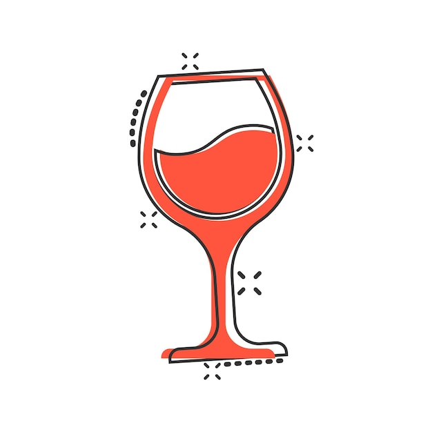 Wijnglas pictogram in komische stijl Champagne drank cartoon vector illustratie op geïsoleerde achtergrond Cocktail drinken splash effect teken bedrijfsconcept