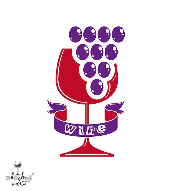 Wijnmakerij idee eps8 vectorillustratie. Elegant glas wijn met druivencluster en decoratief lint, racematiesymbool het beste voor gebruik in reclame en grafisch ontwerp. Alcohol thema-element.