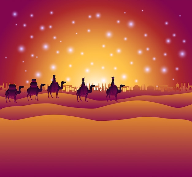 wijze mannen reizen in de woestijn kersttafereel