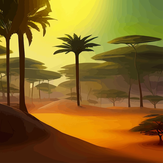 Vector wild africa far horizon landscape scene with sand and plants savannah in the desert african acacia