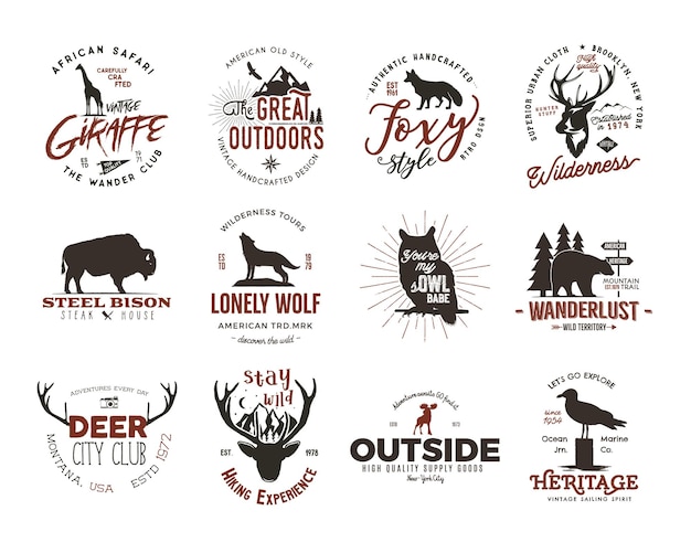 Vector wild animal badges set and great outdoors activity insignias. retro illustration of animal badges. typography camping style. vector animal badges logos with letterpress effect. custom explorer quotes