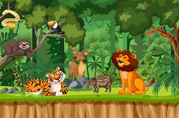 Premium Vector | Wild animal cartoon character in the forest scene Premium Vector | Wild animal cartoon character in the forest scene