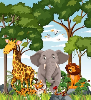 Personaggio dei cartoni animati di animali selvatici nella scena della foresta