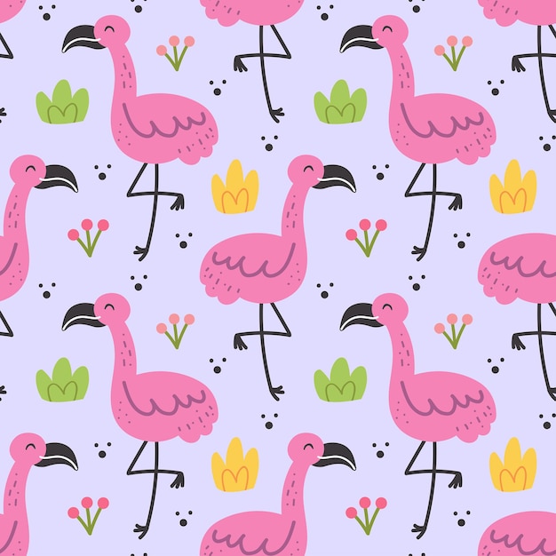 Vector wild animal childish seamless pattern background wallpaper paper flamingo bird with herbs