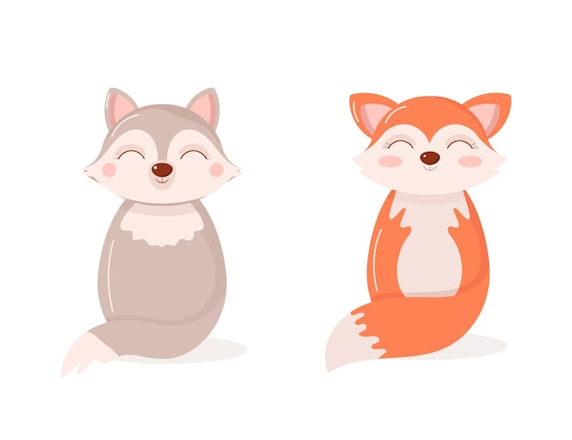 Дикие животные лисы и волк плоская иллюстрация