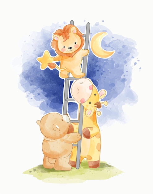 Vector wild animal friends holding ladder to the sky illustration