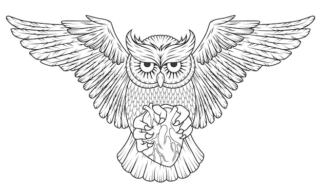 Дикое животное Сова с сердцем в лапах и раскрытыми крыльями Изолировано на белом фоне Монохромный дизайн