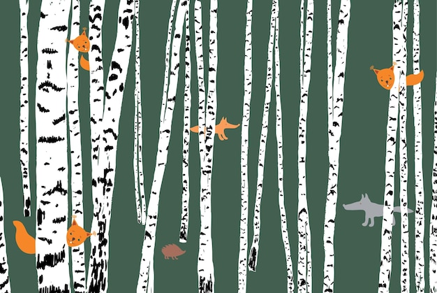 Vector wild animals in a birch forest