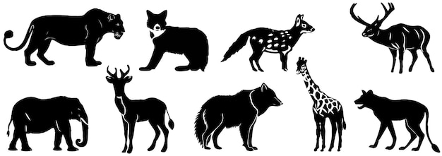 Vector wild animals black silhouettes elephant giraffe lion hippo hyena rhin zebra wild domestic