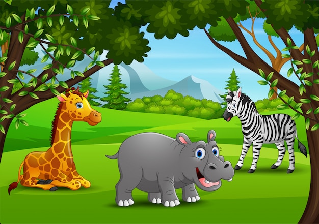 Wild animals cartoon enjoying in the jungle