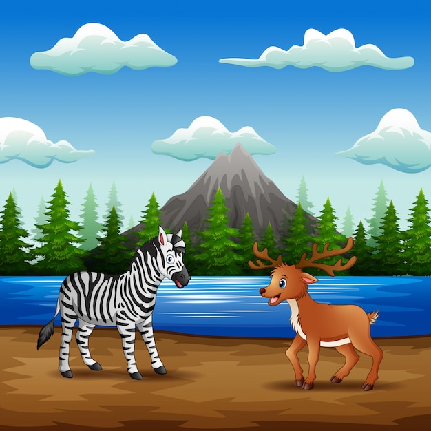 Vector wild animals cartoon enjoying nature in the riverbank