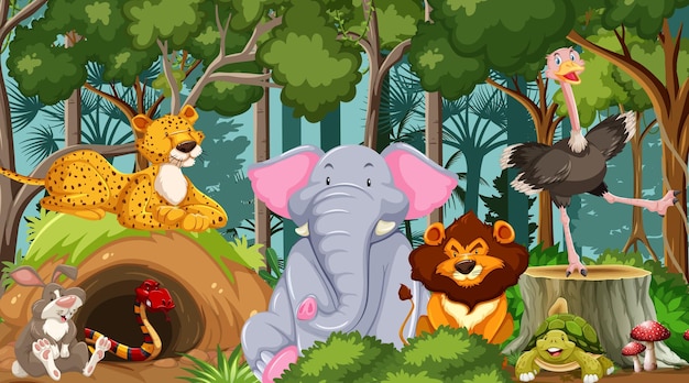 Wild animals cartoon in the forest scene