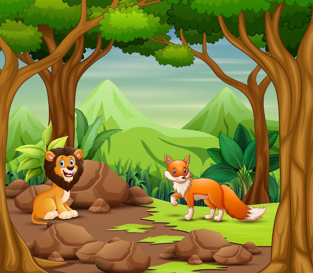 Cartone animato di animali selvatici che vivono nella foresta