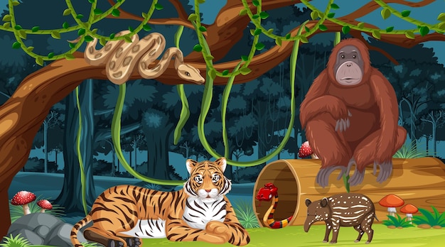 Vector wild animals in forest landscape background