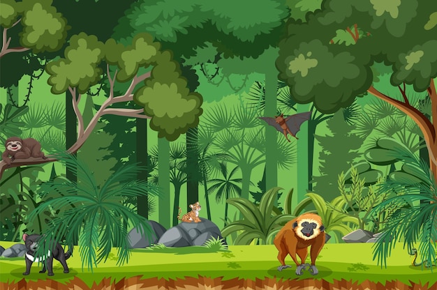 Wild animals in the forest scene