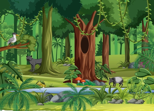 Wild animals in the forest scene