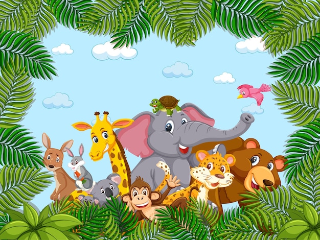 Wild animals group in the forest frame