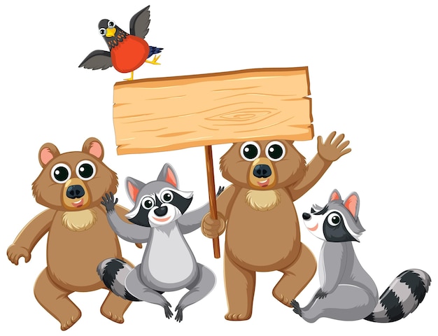 Vector wild animals holding empty wooden sign board