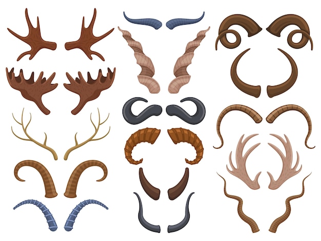 Vector wild animals horns antlers, reindeer, bull, goat. hunting trophy deer, ibex, sheep and moose horns isolated vector illustration set. trophy wild animals horns. reindeer horn and goat horny