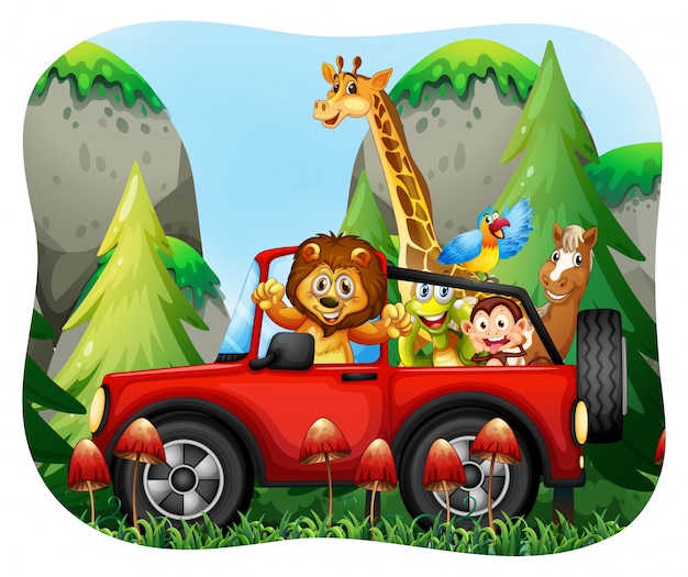 Vector wild animals riding on jeep