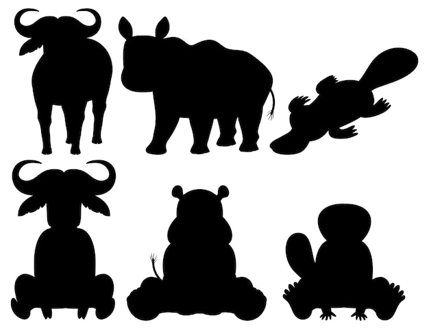 Wild animals silhouette set vector cartoon illustration