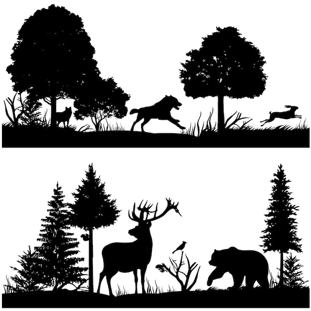 Vector wild animals silhouettes in green fir forest vector illustration