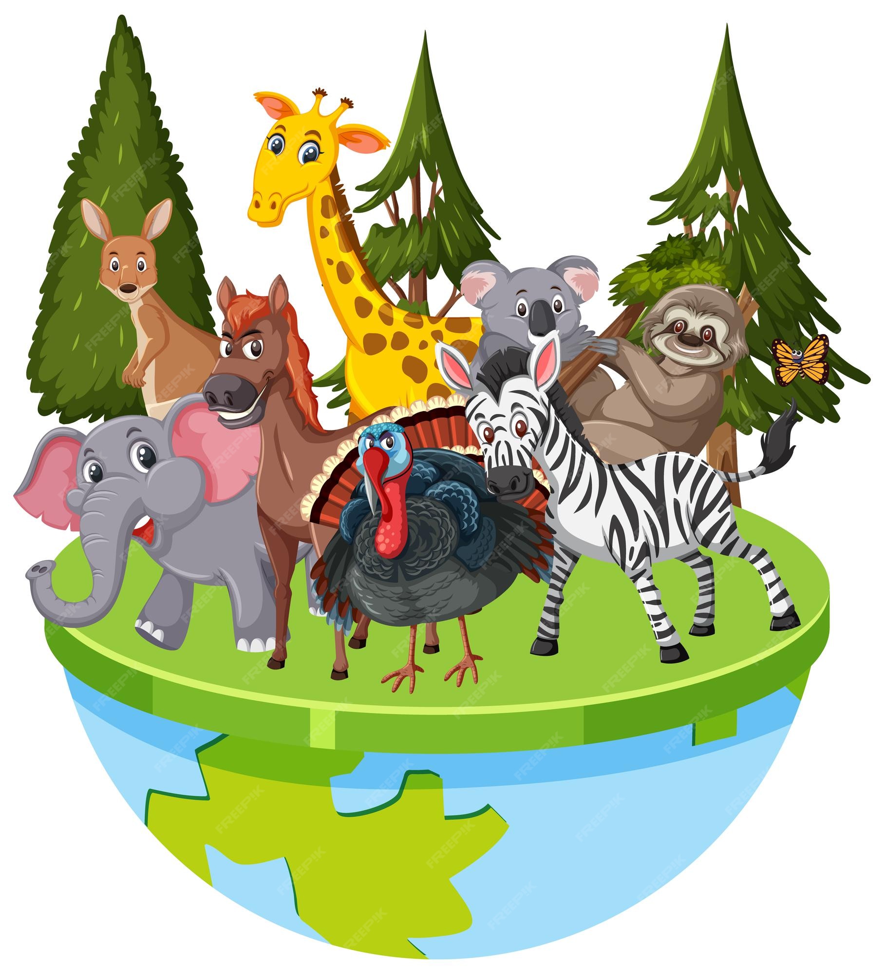 Premium Vector | Wild animals standing on the earth planet