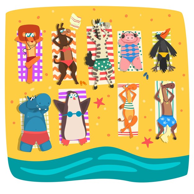 Wild animals sunbathing on the beach cute animals cartoon characters relaxing on the seashore at