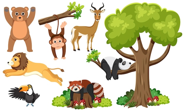 Vettore animali selvatici e alberi in illustrazione vettoriale isolata