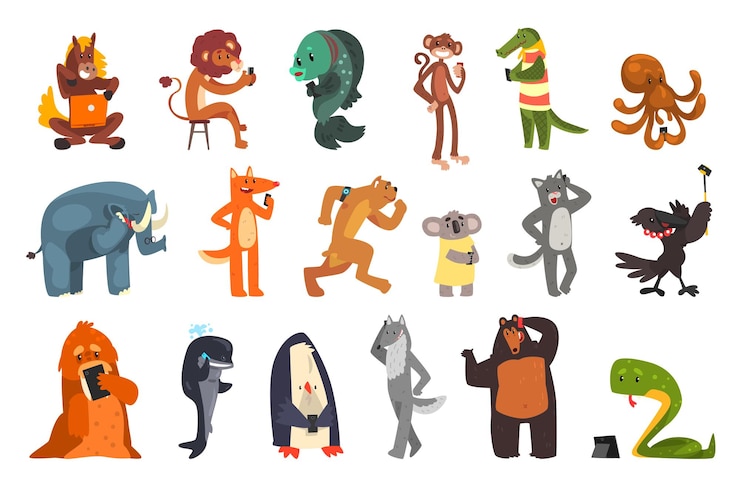 Vector wild animals using modern gadgets set animal characters talking smartphone making selfie using tablet pc cartoon vector illustration