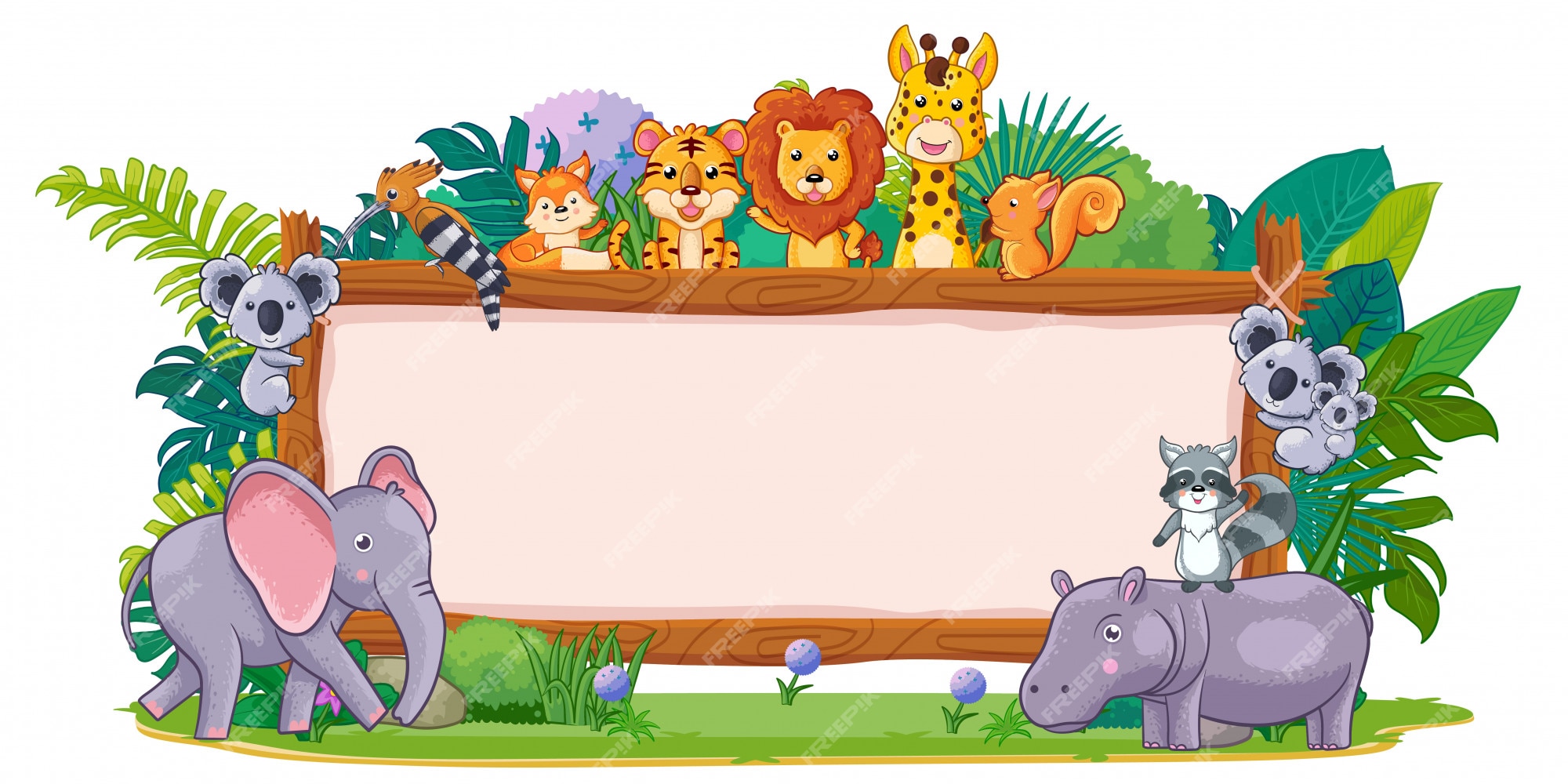 Premium Vector | Wild animals with a blank sign wood Premium Vector | Wild animals with a blank sign wood