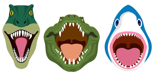 Vector wild animals with open mouth dinosaur crocodile shark animals in cartoon style label design