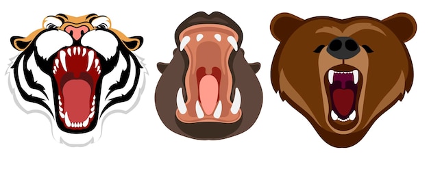 Vector wild animals with open mouth tiger hippo and bear animals in cartoon style label design logo