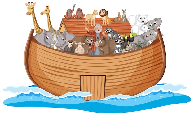 Vector wild animals on wooden boat floating on water