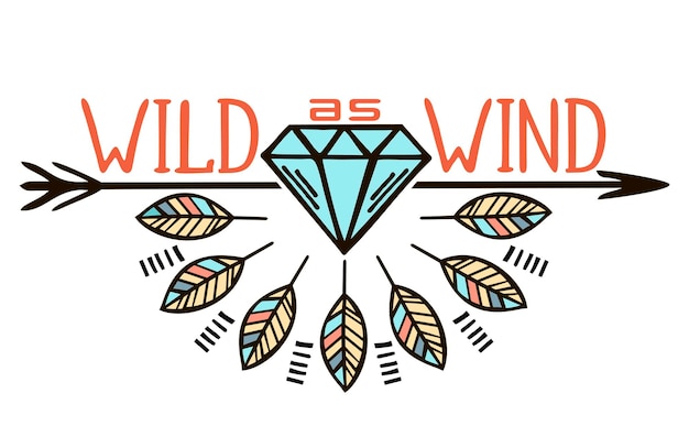 Wild as wind vector scritte e logo del selvaggio west in stile boho