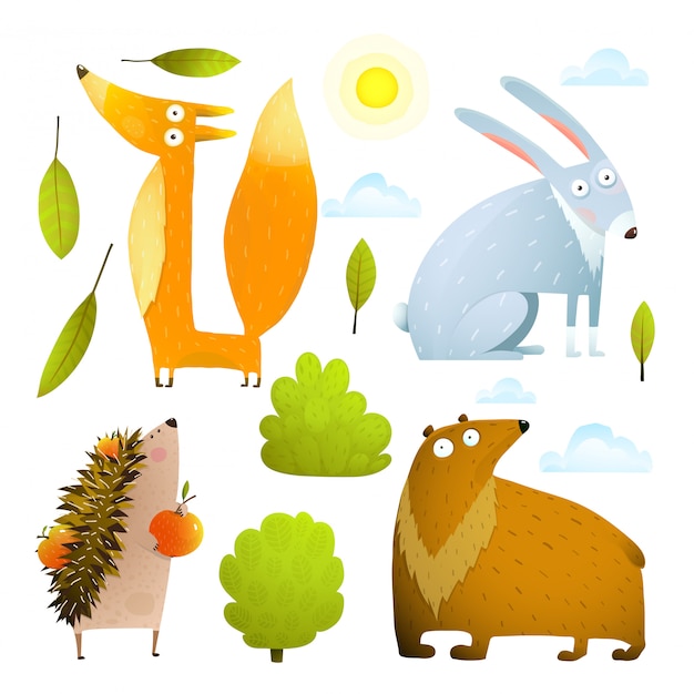 Vector wild baby animals clip art collection fox rabbit bear hedgehog